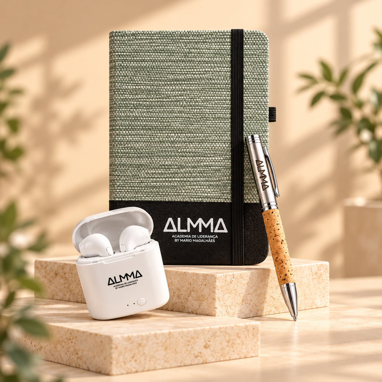 Kit premium ALMMA com caderno, fones sem fio e caneta