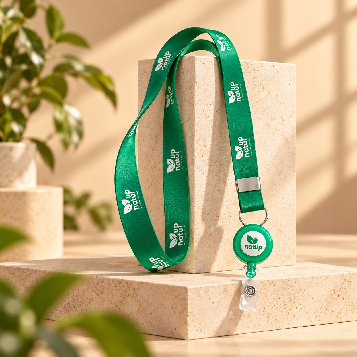 Cordão verde personalizado com porta-crachá retrátil NatUp