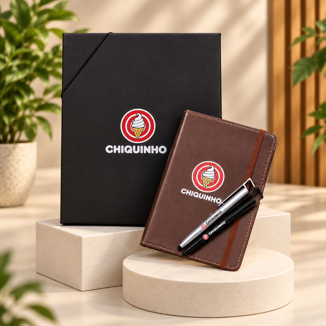 Kit Chiquinho com pasta preta, caderno marrom e canetas