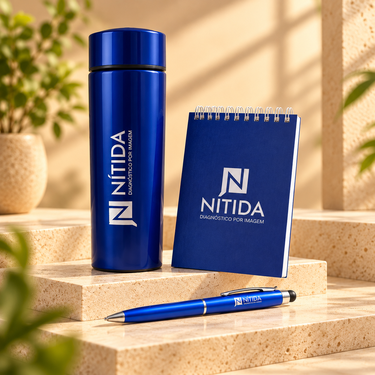 Kit azul Nítida com garrafa, bloco espiral e caneta