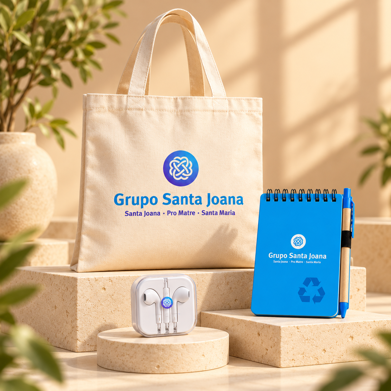 Kit Grupo Santa Joana com ecobag, bloco de anotações, caneta e fones